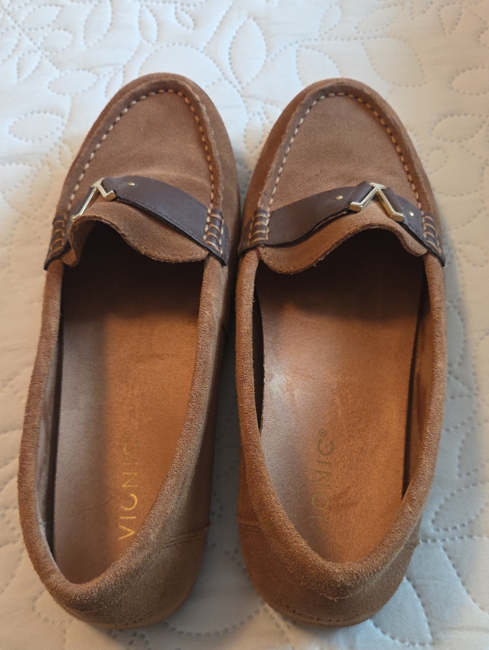Vionic Tan Suede Loafers with Dark Brown Strap and Gold Accent